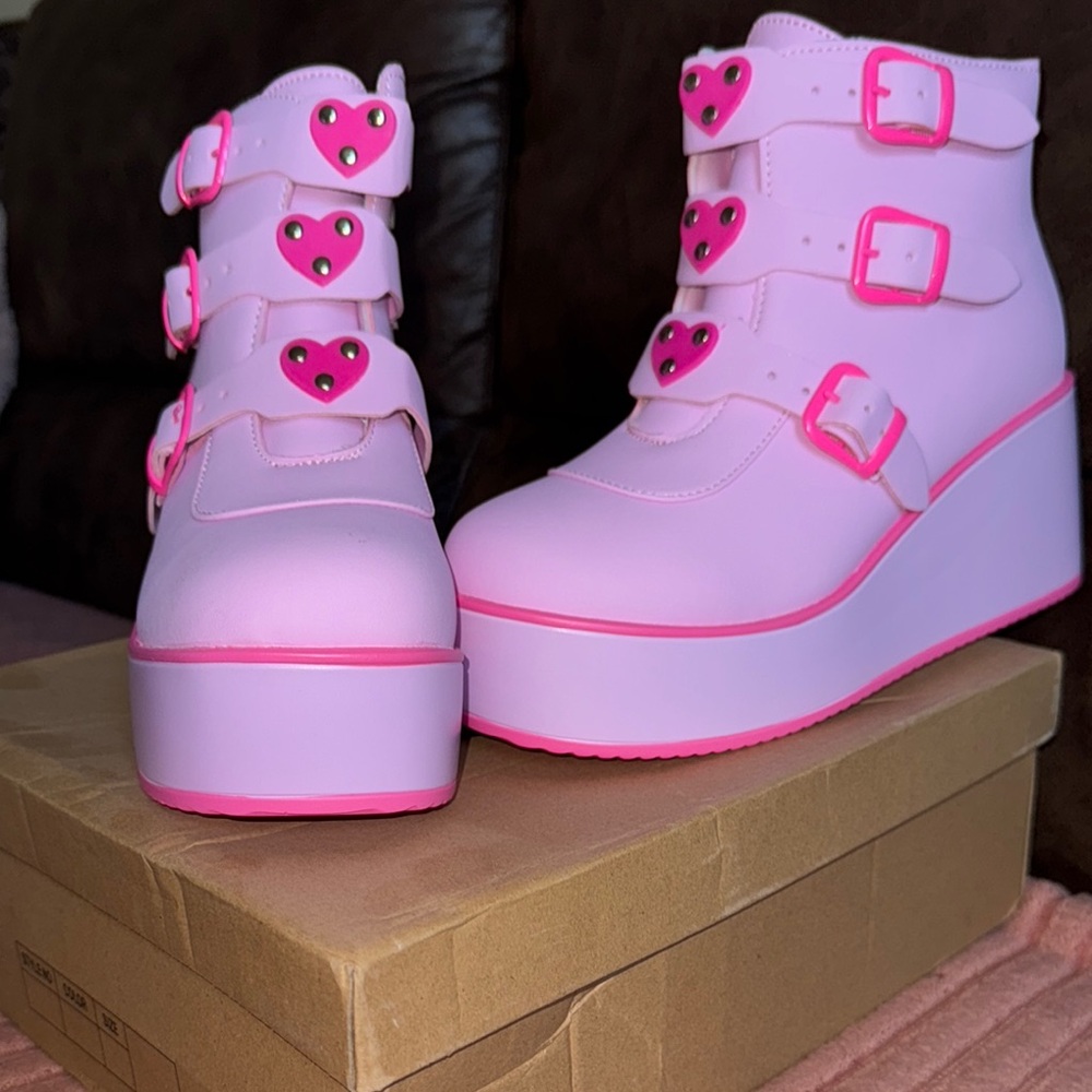 Pink Heart Buckle Combat Boots